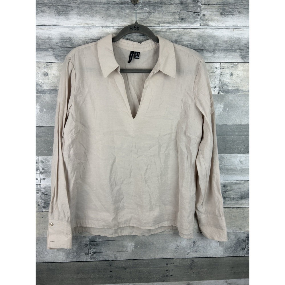 Vero Moda Women's Beige Large Long Sleeve V Neck Collared Blouse